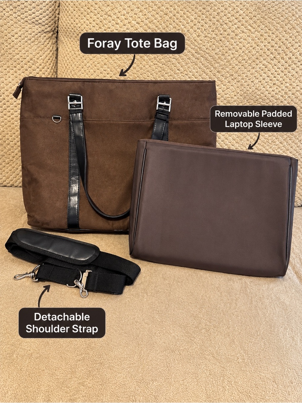 Foray Brown Suede Tote with Removable Padded Laptop Sleeve